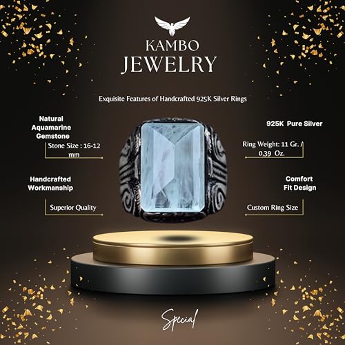 KAMBO Handmade Genuine Natural Aquamarine Gemstone Men's Ring, 925 Sterling Silver, Elegant Vintage Statement Design, Bi