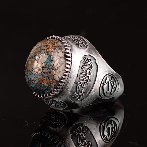 KAMBO Handmade 925 Sterling Silver Men's Ring with Genuine Natural Turquoise Stone, Islamic Calligraphy Design, Vintage 