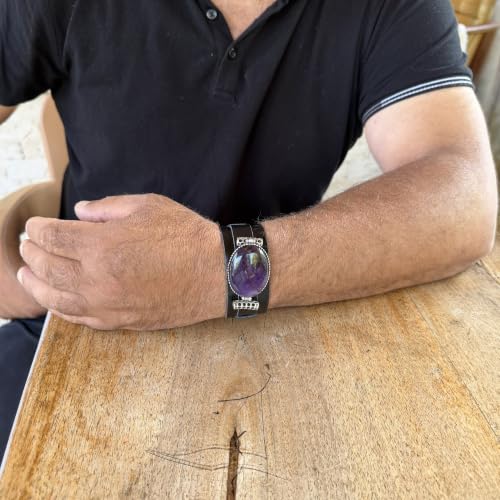 KAMBO Genuine Leather Cuff Bracelet for Men, Amethyst Natural Stone in 925 Sterling Silver Frame, Handmade Wide Leather 