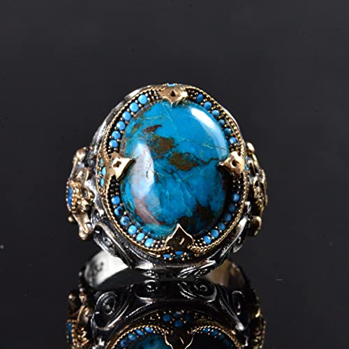 KAMBO Handmade Men’s Ring with Natural Azurite Gemstone, 925 Sterling Silver Art Deco Statement Ring, Vintage Stacking D