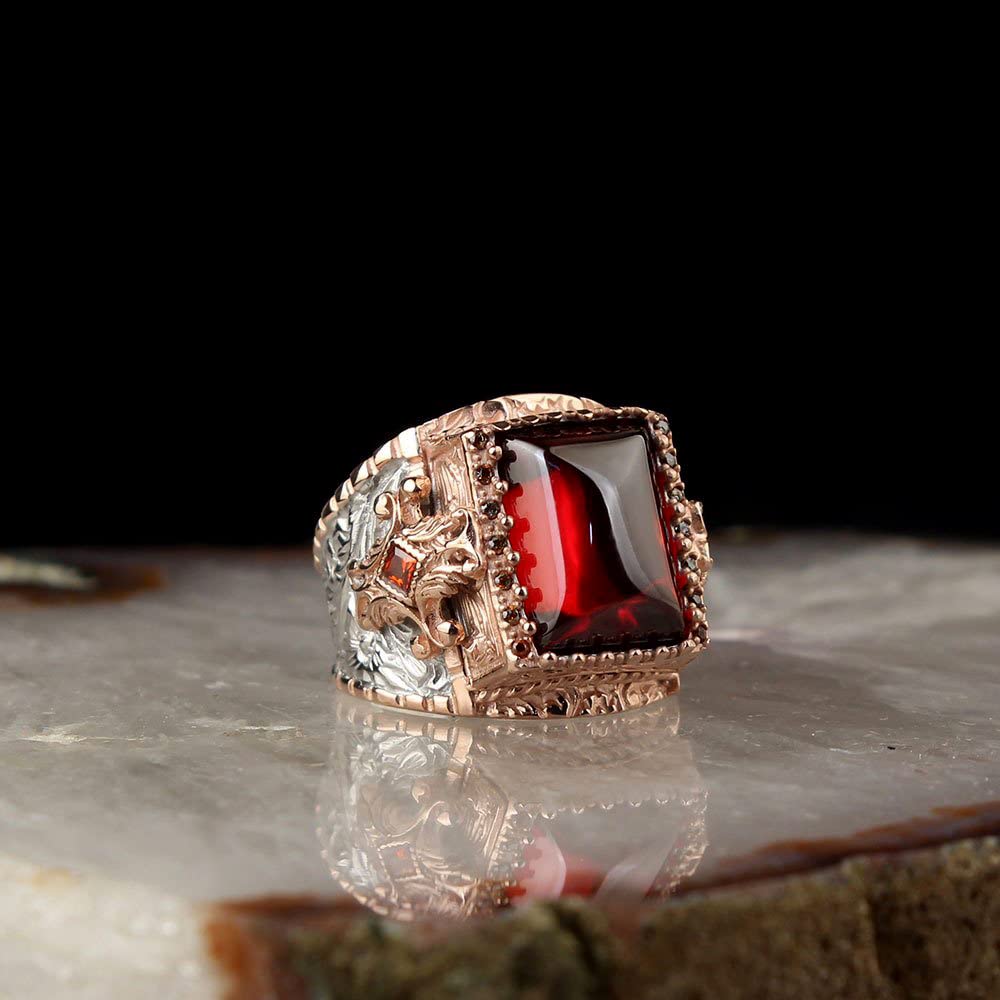 Handcrafted 925 Sterling Silver Men's Ring, Red Zircon Stone, Rhodium Plated Vintage Design, Special Jewelry — 2