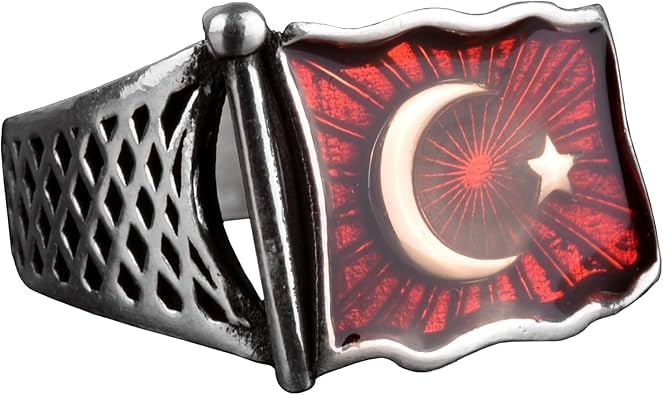 KAMBO Jewelry Men's Handmade 925 Sterling Silver Ring, Vintage Islamic Moon and Star Crescent Design, Statement Flag Sty