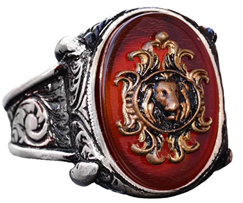 925 Sterling Silver Men's Ring with Created Agate Stone - Lion Symbol Design, Bold and Majestic
