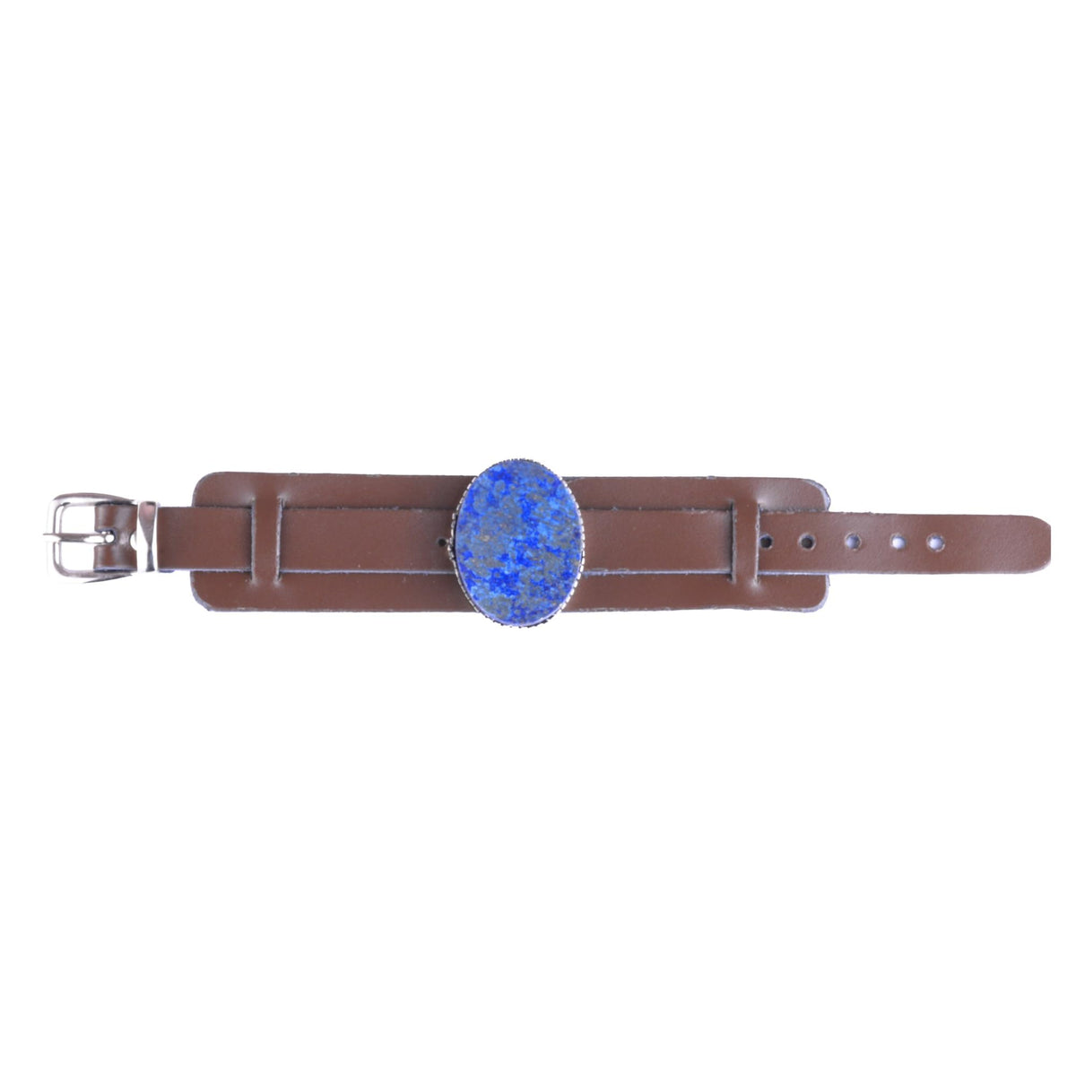 KAMBO Natural Lapis Lazuli Genuine Leather Cuff Bracelet for Men, Stone in 925 Sterling Silver Frame, Handmade Wide Wris