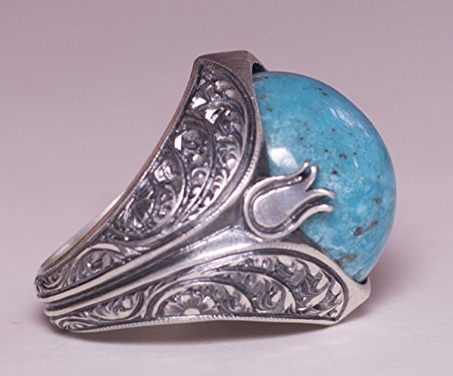 KAMBO Handmade Turquoise Men's Ring 925 Sterling Silver Tulip Design Vintage Statement Gemstone Jewelry Engagement Gift 