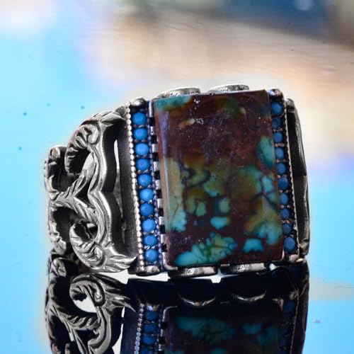 KAMBO Handmade Vintage Style-3 Sterling Silver Ring for Men with Genuine Natural Arizona Turquoise Gemstone - 925 Sterli