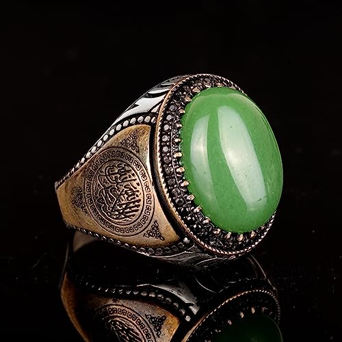 KAMBO Handmade 925 Sterling Silver Men's Ring with Natural Green Jade Gemstone, Islamic Vintage Design, Statement Jewelr