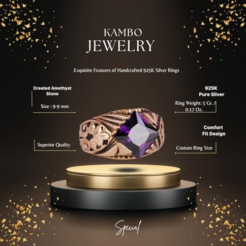 KAMBO Handmade 925 Sterling Silver Ring with Created Amethyst Stone, Modern Unisex Design, Gold Plated Finish, Elegant S
