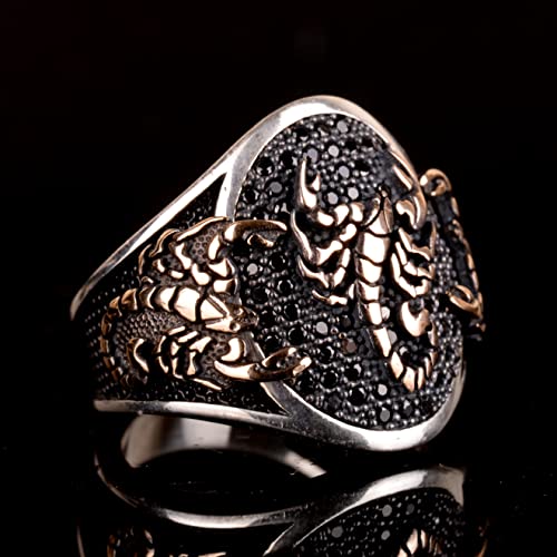 Natural Onyx Gemstone Handcrafted Men's 925K Sterling Silver Ring, Unique Scorpion Animal Design, Scorpio Zodiac Ring, P