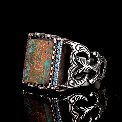 KAMBO Handmade Men's Sterling Silver Ring with Genuine Natural Arizona Turquoise Gemstone - Vintage Style-6 Statement Ri
