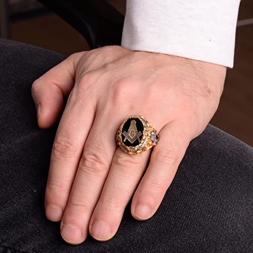 KAMBO Handmade Onyx Ring for Men, 925 Sterling Silver Gold Plated King Style Masonic Design, Vintage Statement Jewelry, 