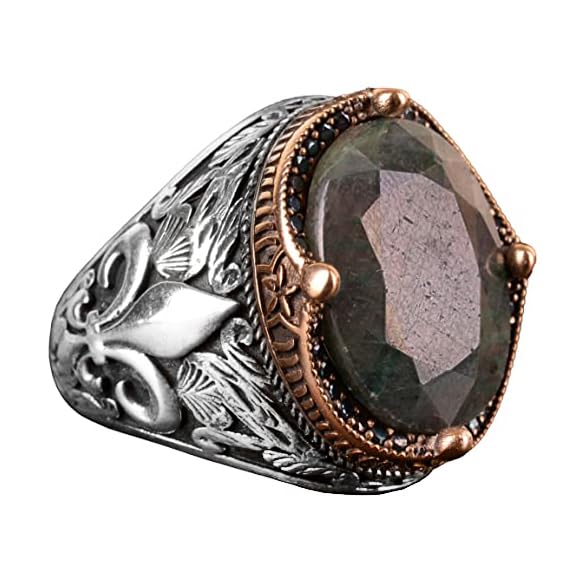 KAMBO Handmade 925 Sterling Silver Emerald Ring for Men, Vintage Art Deco Statement Cocktail Ring, Genuine Emerald Gemst