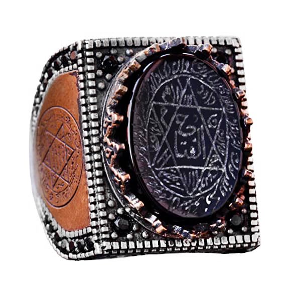 KAMBO Handmade 925 Sterling Silver Men's Arabic Ring with Natural Onyx Stone, Minimalist Vintage Statement Jewelry, Symb