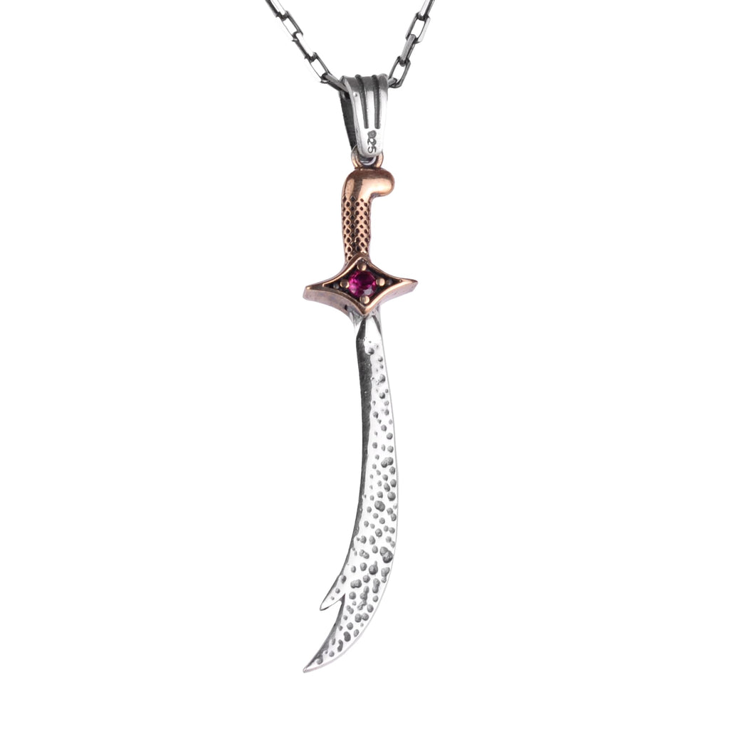 KAMBO Curved Sword Necklace 925 Sterling Silver with Red Stone Detail Warrior Pendant