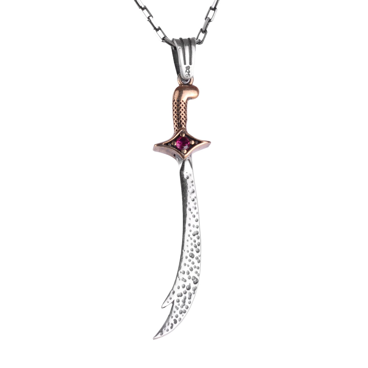 KAMBO Curved Sword Necklace 925 Sterling Silver with Red Stone Detail Warrior Pendant