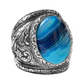 KAMBO 925 Sterling Silver Men's Big Ring, Natural Blue Agate Silver Ring, Steel Pen Craft Design
