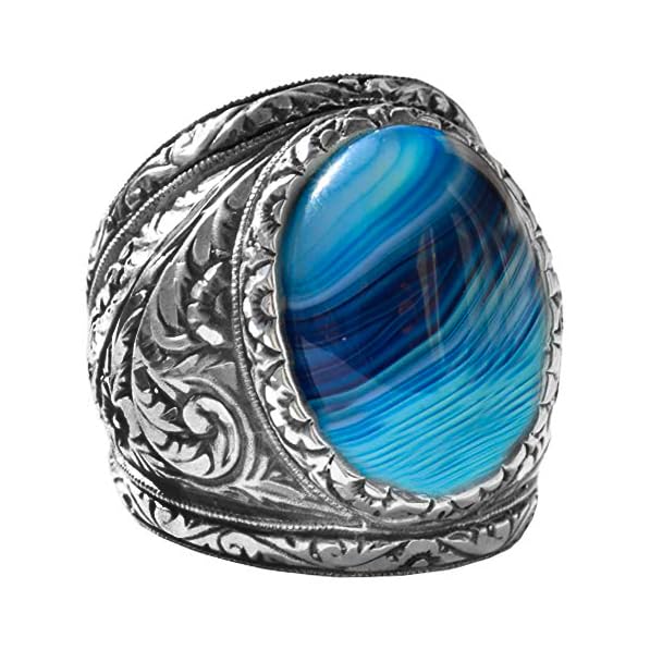 KAMBO 925 Sterling Silver Men's Big Ring, Natural Blue Agate Silver Ring, Steel Pen Craft Design