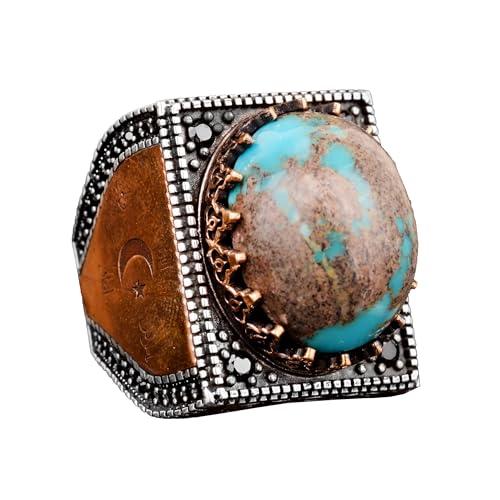 KAMBO 925 Sterling Silver Men's Ring with Natural Turquoise Stone, Handmade Vintage Square Design Gemstone Statement Rin