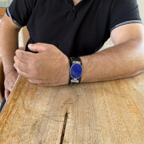 KAMBO Natural Lapis Lazuli Genuine Leather Cuff Bracelet for Men, Stone in 925 Sterling Silver Frame, Handmade Wide Wris