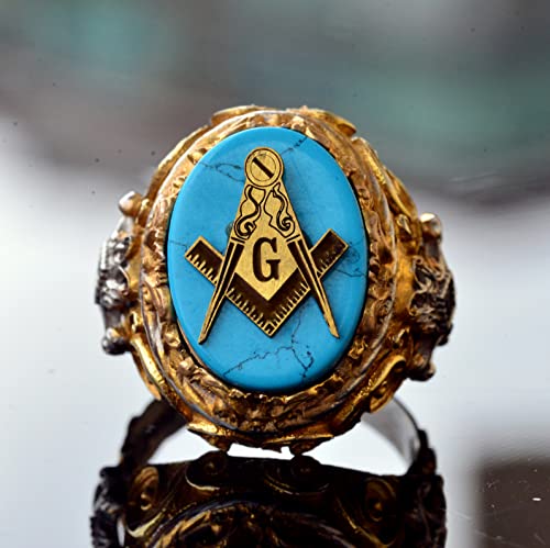 KAMBO Natural Turquoise Gemstone Men's Masonic Ring, Handcrafted 925 Sterling Silver with Intricate Signet Design, Uniqu