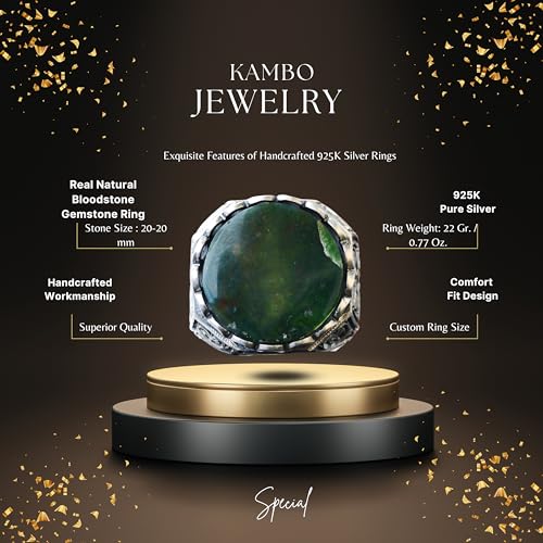 KAMBO Handmade 925 Sterling Silver Men's Ring with Natural Bloodstone Gemstone, Vintage Byzantium Round Design, Statemen
