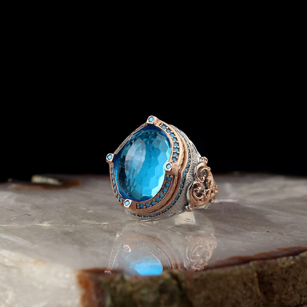 KAMBO Handcrafted 925 Sterling Silver Men's Ring with Blue Topaz Stone, Vintage Rodaj Plated Minimalist Design, Unique H