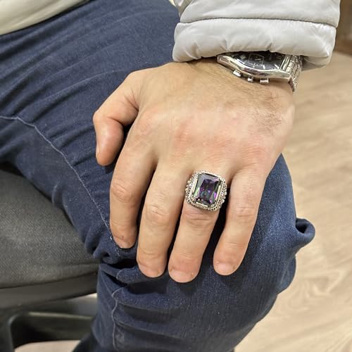 KAMBO Handmade 925 Sterling Silver Men’s Ring with Created Mystic Topaz Stone, Modern Statement Design, Vintage Style, C
