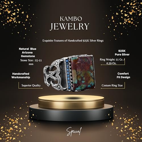 KAMBO Handmade Vintage Style-3 Sterling Silver Ring for Men with Genuine Natural Arizona Turquoise Gemstone - 925 Sterli
