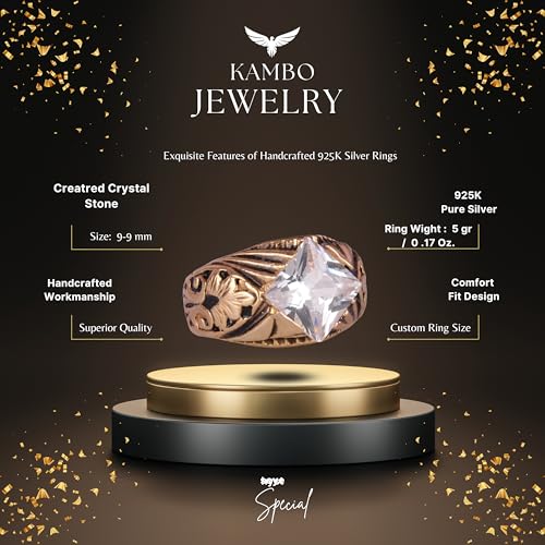 KAMBO Handmade 925 Sterling Silver Ring with Created Crystal Stone, Gold Plated Modern Unisex Statement Jewelry, Elegant