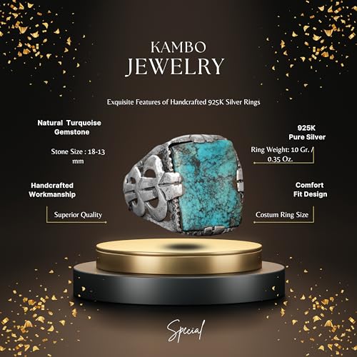 KAMBO Handmade Natural Turquoise Men's 925 Sterling Silver Ring, Vintage Gemstone Statement Design, Solid Silver Band, G
