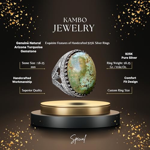 KAMBO Handmade Genuine Natural Arizona Turquoise Gemstone Men's Ring, Ottoman Seal Design, Vintage Statement 925 Solid S