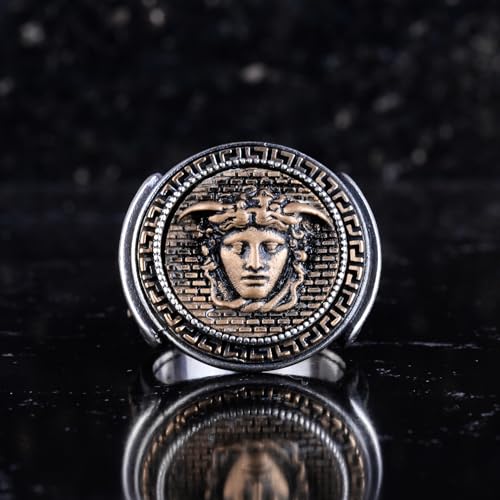 KAMBO Handmade Vintage Medusa Head Ring for Men – 925 Sterling Silver Gothic Statement Jewelry with Bronze Details, Symb