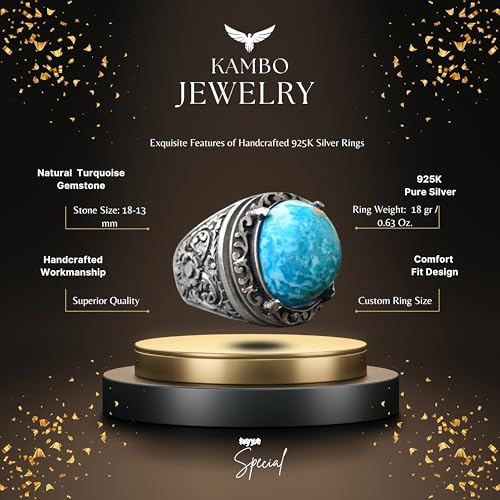 KAMBO Handmade Natural Turquoise Stone Men's Ring in 925 Sterling Silver, Vintage Style-2 Statement Ring, Unique Gift fo