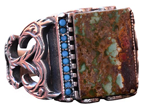 KAMBO Handmade Genuine Natural Arizona Turquoise Sterling Silver Men's Ring - Vintage Style-1 Statement Ring - 925 Sterl