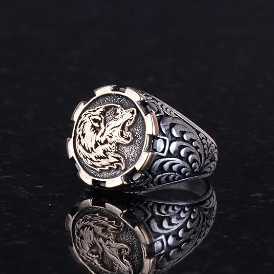 KAMBO Handmade 925 Sterling Silver Howling Wolf Head Ring for Men, Gothic Vintage Statement Jewelry, Unique Wild Wolf De