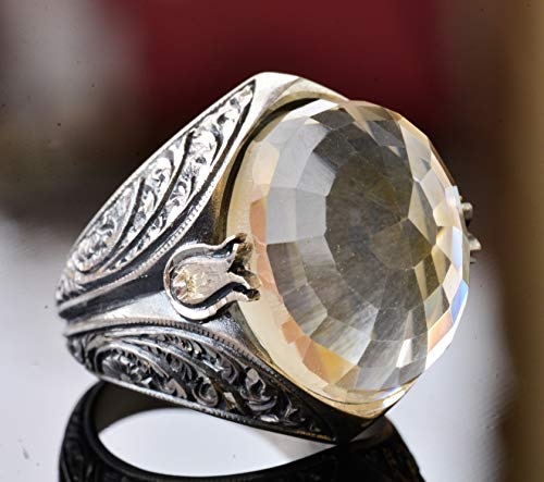 KAMBO Handmade Men's Sterling Silver Ring with Natural Citrine Gemstone, Vintage Statement Jewelry, 925 Sterling Silver 
