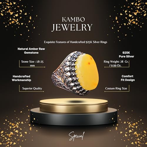 KAMBO Handmade Natural Amber Men's Ring in 925 Sterling Silver | Bold Gemstone Statement Jewelry | Vintage Inspired Desi