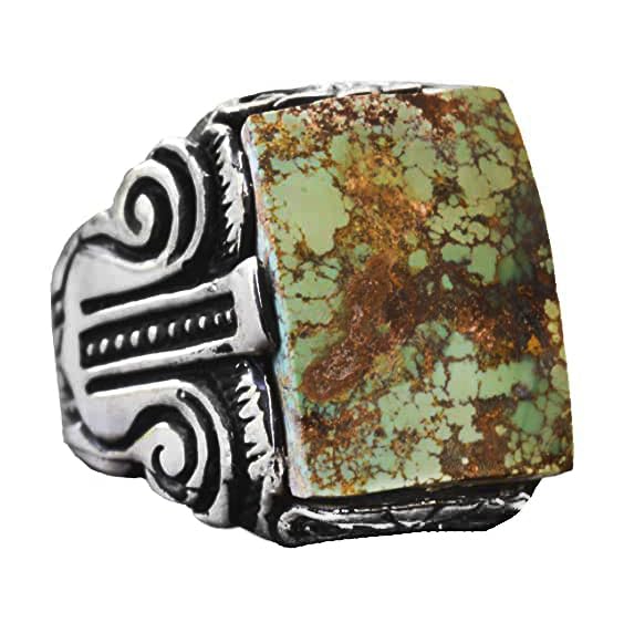 KAMBO Handmade 925 Sterling Silver Men's Ring with Natural Green Turquoise Gemstone, Vintage Statement Jewelry, Bold Des