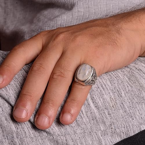 Falcon Jewelry Men's sterling silver ring, natural rainbow moonstone gemstone (Adjustable), White