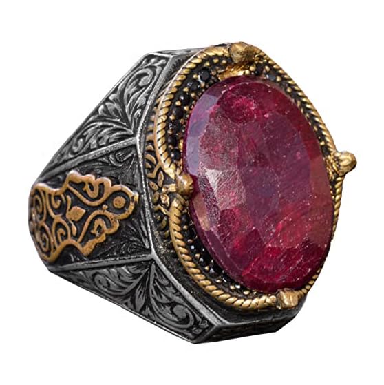 KAMBO Handmade Vintage Ruby Ring for Men - 925 Sterling Silver Statement Gemstone Ring with Gold Accents, Classic Design