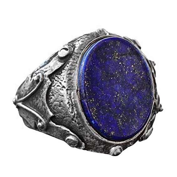 Men's Natural Lapis Lazuli Ring, 925 Sterling Silver, Handcrafted Medieval Design