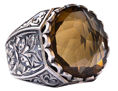 KAMBO Men's Handmade 925 Sterling Silver Ring with Created Round Smoky Topaz Stone, Vintage Byzantium Design, Statement 