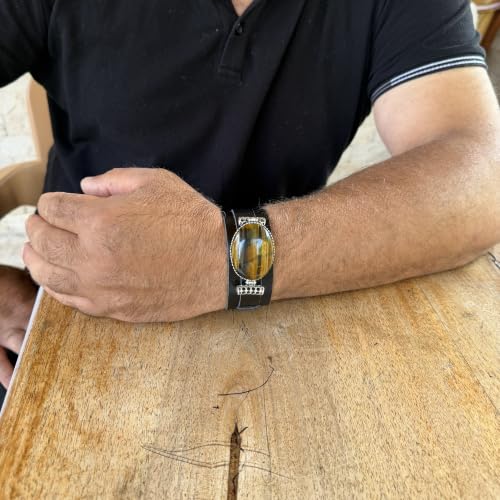 KAMBO Natural Tiger Eye Genuine Leather Cuff Bracelet for Men, Stone in 925 Sterling Silver Frame, Handmade Wide Wristba
