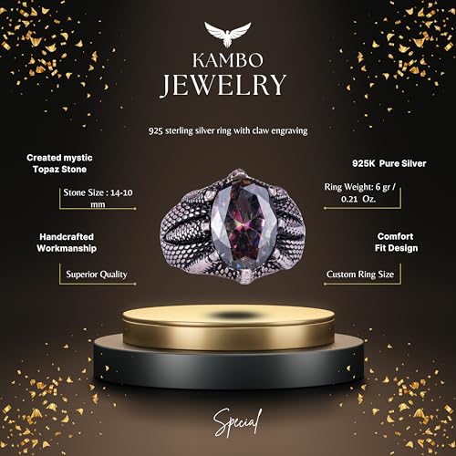 KAMBO Sterling Silver Claw Ring with Created Mystic Topaz – Handmade 925 Sterling Silver Ring for Sagittarius Balance an