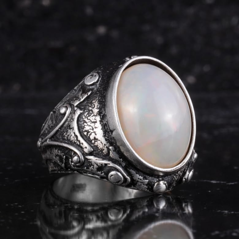 KAMBO Natural Opal Stone Men's Ring 925 Sterling Silver Oval Cabochon Industrial Design Handmade Ring — 5