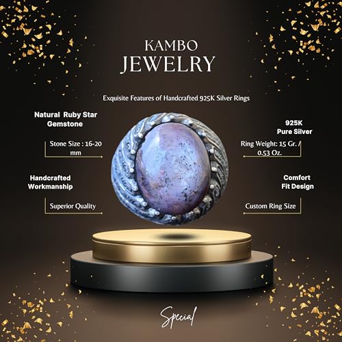 KAMBO Handmade Men's Antique Star Ruby Ring in 925 Sterling Silver, Vintage Statement Jewelry, Natural Gemstone, Classic