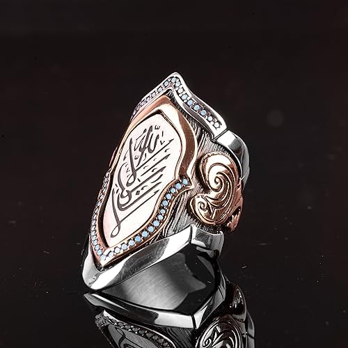 KAMBO Handmade 925 Sterling Silver Islamic Thumb Ring for Men, Adjustable Arabic Design with Created Turquoise Stone, Mi