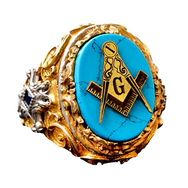 KAMBO Natural Turquoise Gemstone Men's Masonic Ring, Handcrafted 925 Sterling Silver with Intricate Signet Design, Uniqu