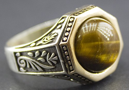 KAMBO Handmade 925 Sterling Silver Men's Ring with Natural Tiger Eye Gemstone, Vintage Statement Jewelry, Elegant Gemsto