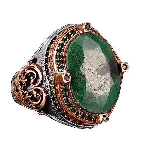 Emerald Stone Ring - 925 Sterling Silver Men's Ring